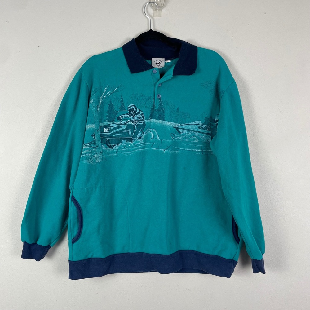 Vintage 80s Inlet Bay Teal Snowmobile Winter Scene Graphic Pullover Sweatshirt L